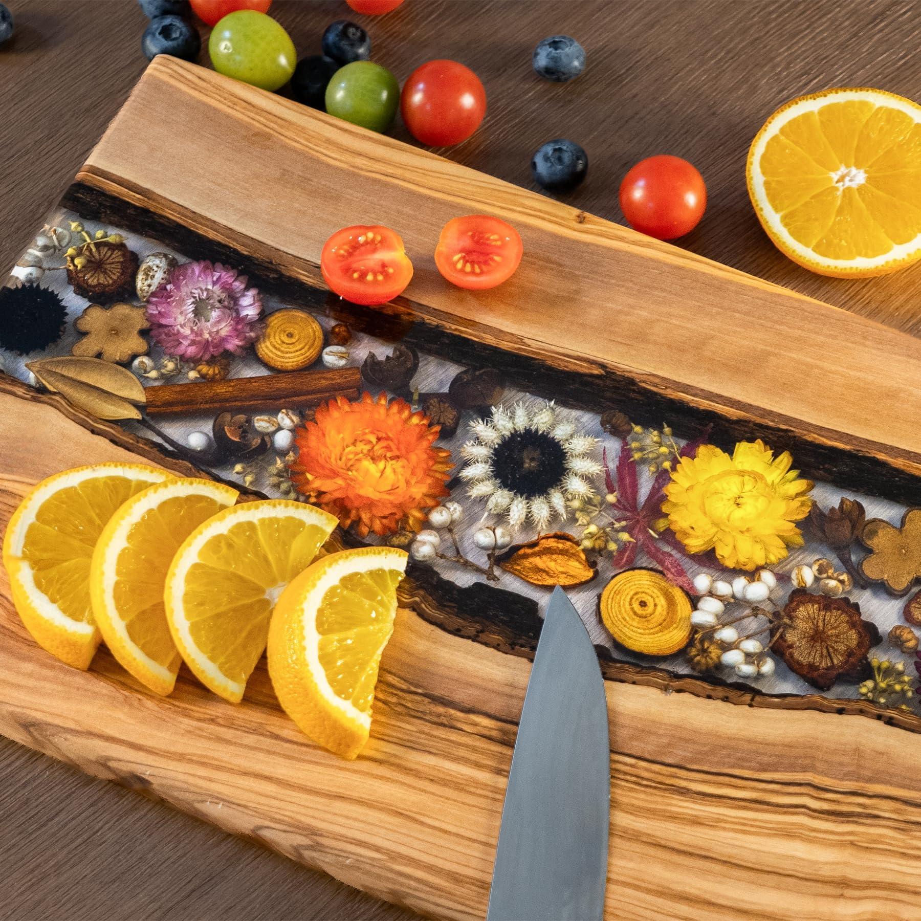 Handmade Olive Wood Charcuterie Board, Personalized Charcuterie Boards for House Warming Gifts, Olive Wood Cutting Board with Unique Floral Design, Wedding Gift for New Couple - Handmade Lifestyle Shop
