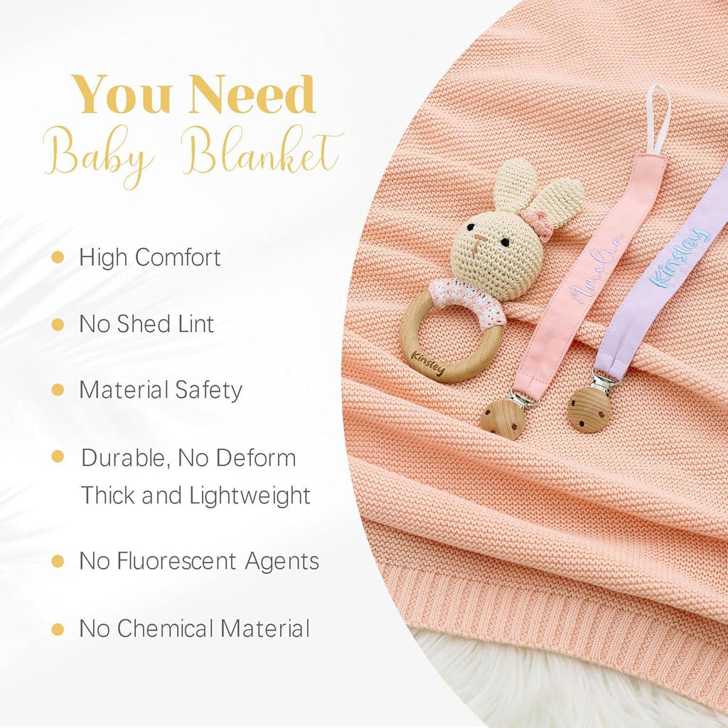 Free Personalized Custom Knit Baby Blanket w/Embroidered Name, 40 * 30 inch, Handmade Cotton Nursery Blankets, Customized Receiving Newborn for Boy Girls Kids, Birthday Christmas - Handmade Lifestyle Shop