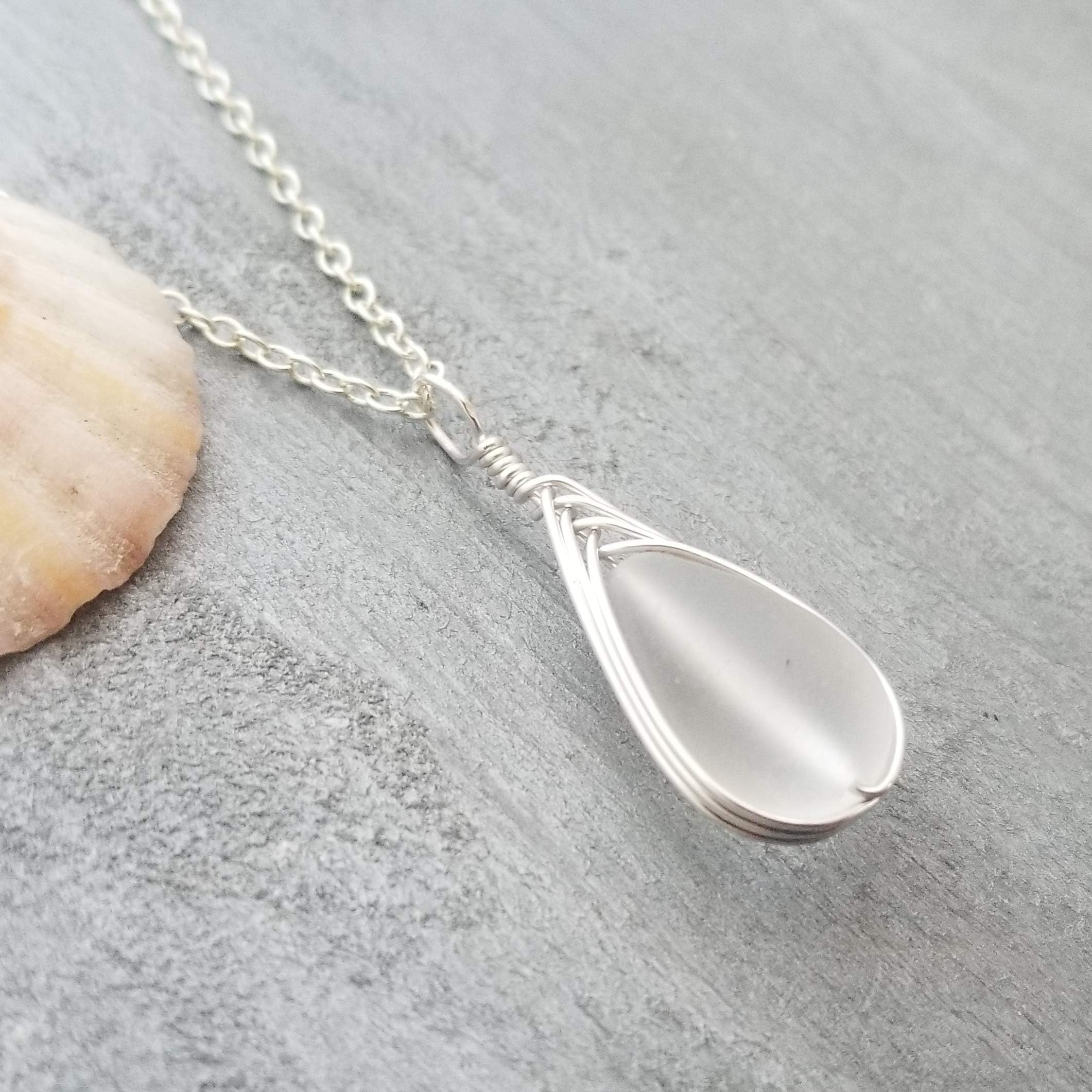 Yinahawaii Handmade Sea Glass Necklace, Hawaiian Jewelry For Women, Braided Teardrop Necklace, Unique Sea Glass Jewelry For Women Birthday Gift