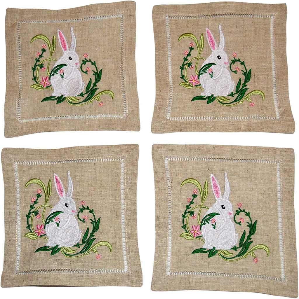 Spring Bunny Linen Beverage Napkins, Easter Bunny with Flowers embroidered Cocktail Napkin