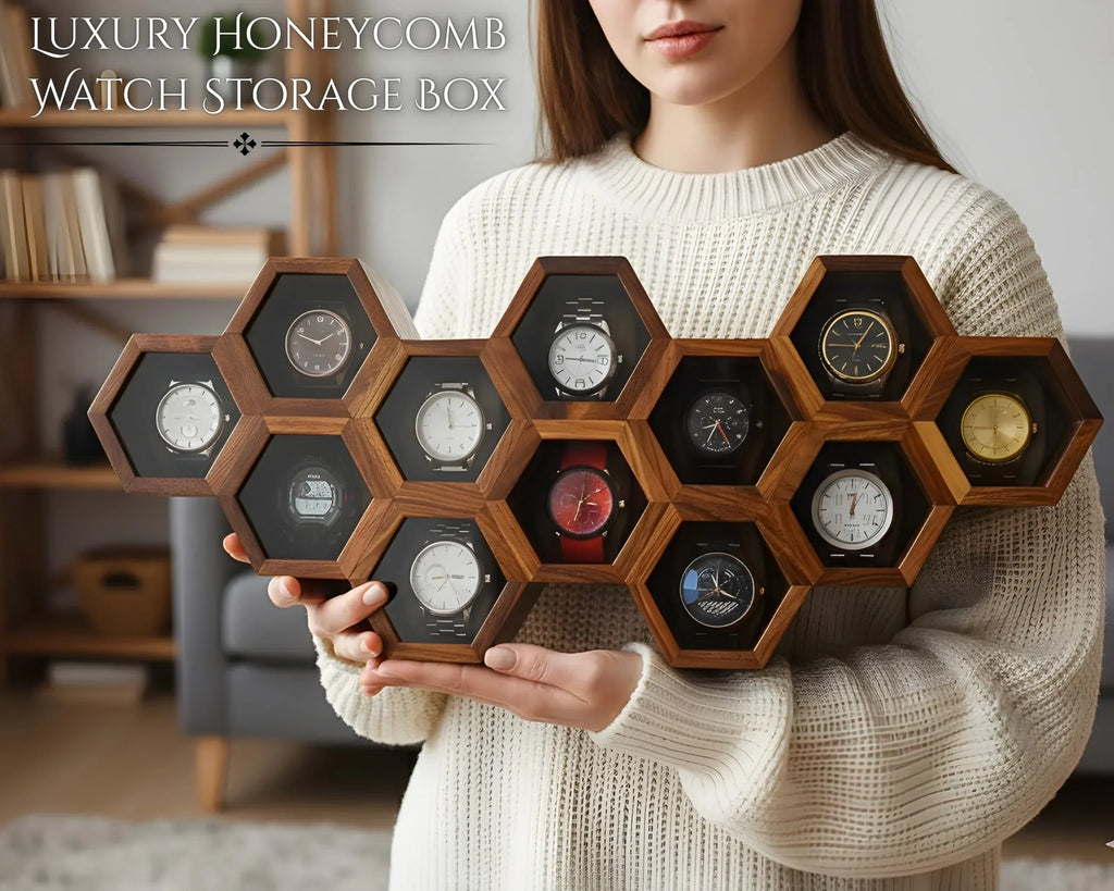 Premium 7-Slot Wooden Timepiece Display Case – Handcrafted Honeycomb Watch Box for Men in Superior Indian Rosewood | Hinged Glass Cover – Father’s Day Gift – Luxury Built to Last - Handmade Lifestyle Shop