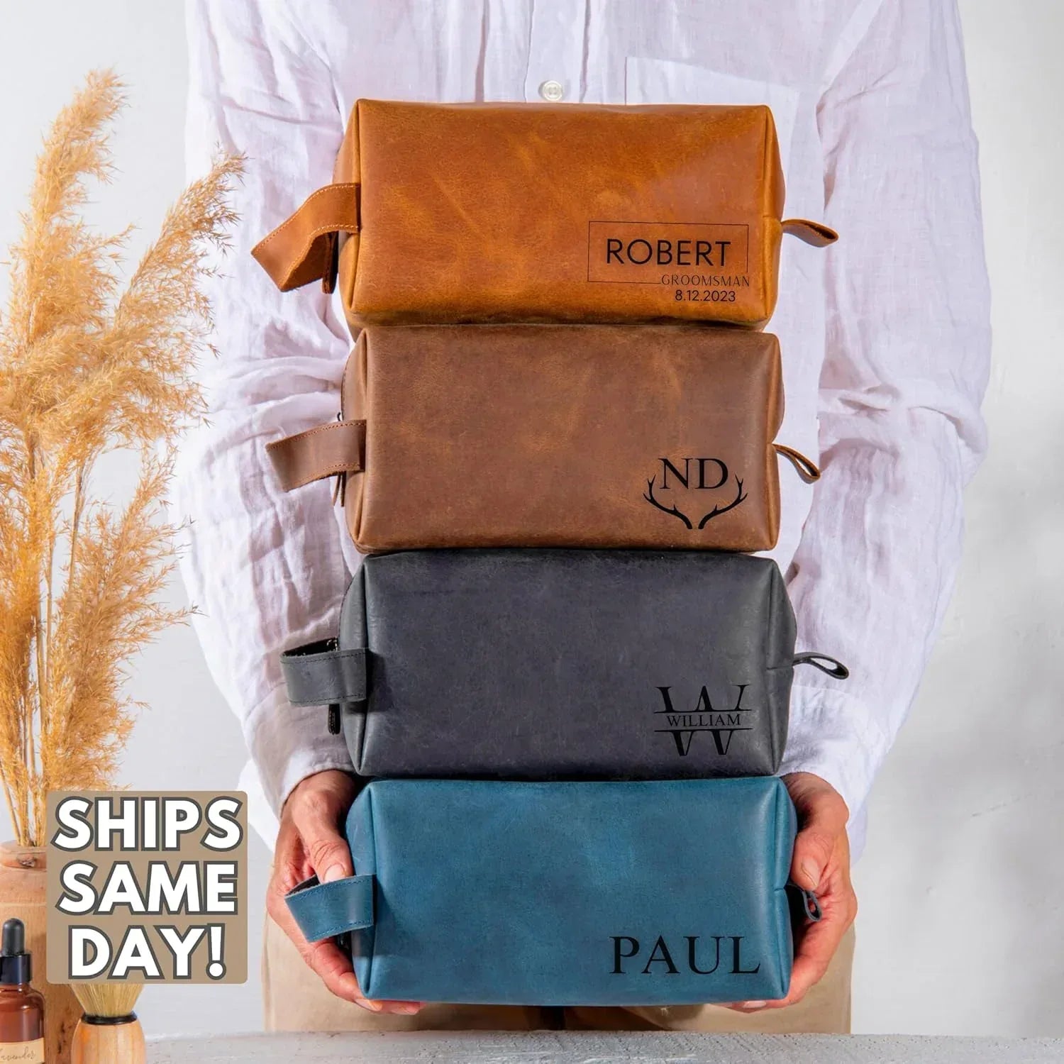 Personalized Leather Toiletry Bag for Men – Custom Shaving Dopp Kit with Name or Initial, Travel Gift for Groomsmen, Husband, Dad, Boyfriend, Birthday, Anniversary, Valentines Day Gifts for Men, Him - Handmade Lifestyle Shop