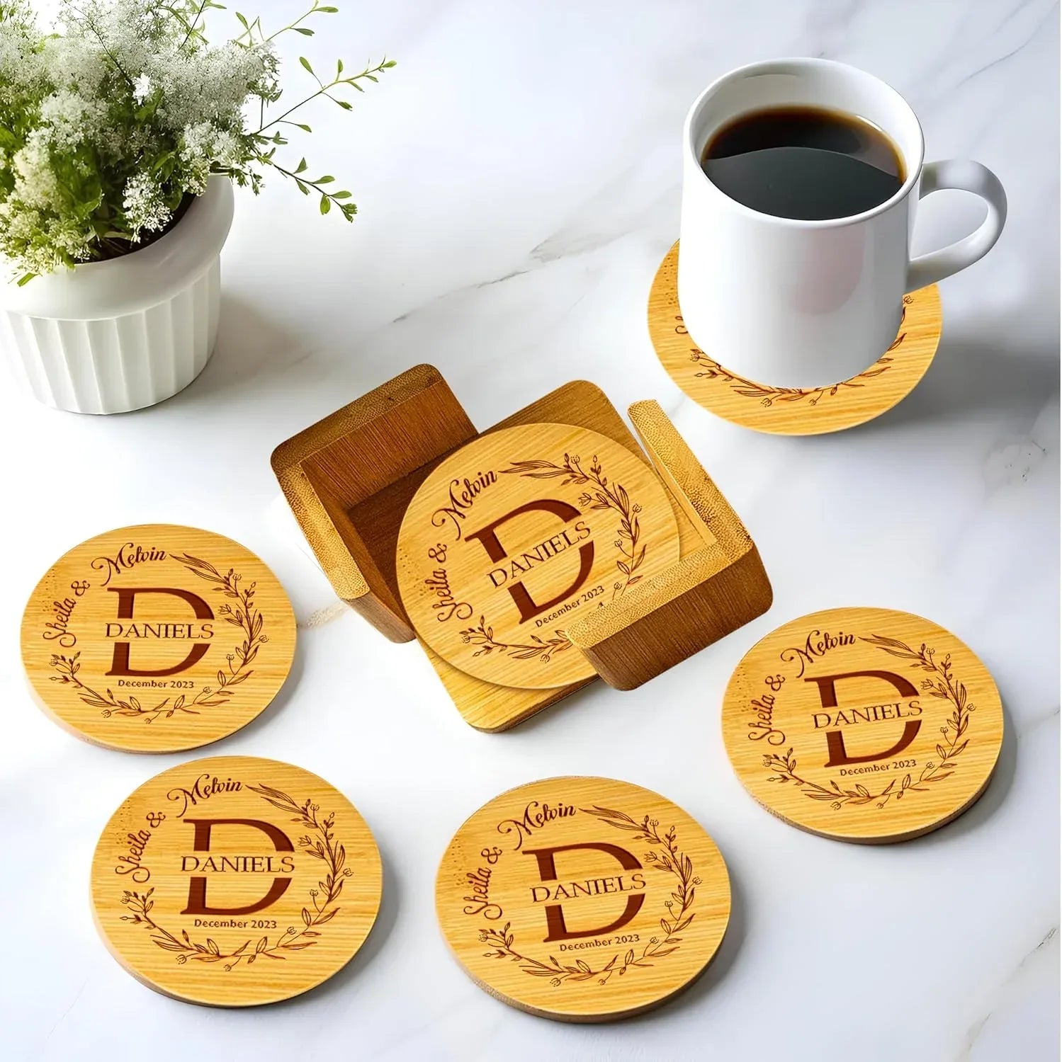 Silveroy Custom Coaster Set of 6 with Holder - Personalized Bamboo Bar Coasters for Anniversary, Wedding, Ideas to Couples, Newlyweds - Handmade Lifestyle Shop