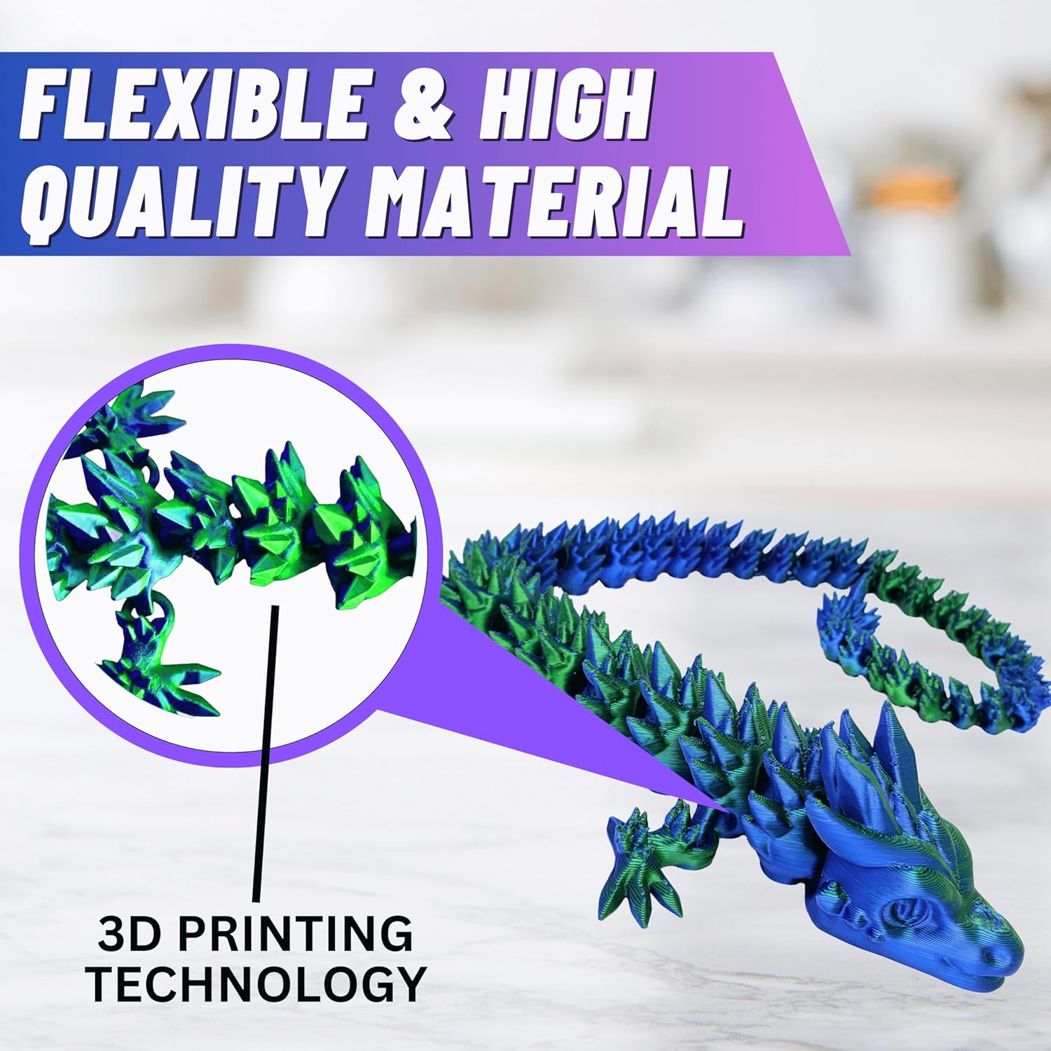 20" Articulated 3D Printed Dragon – Color-Changing Fidget Figurine, Mythical Figure, Made in USA, 3D Printed Toys - Valentines Day Gift for Boys and Girls (Rainbow with Blue Egg)