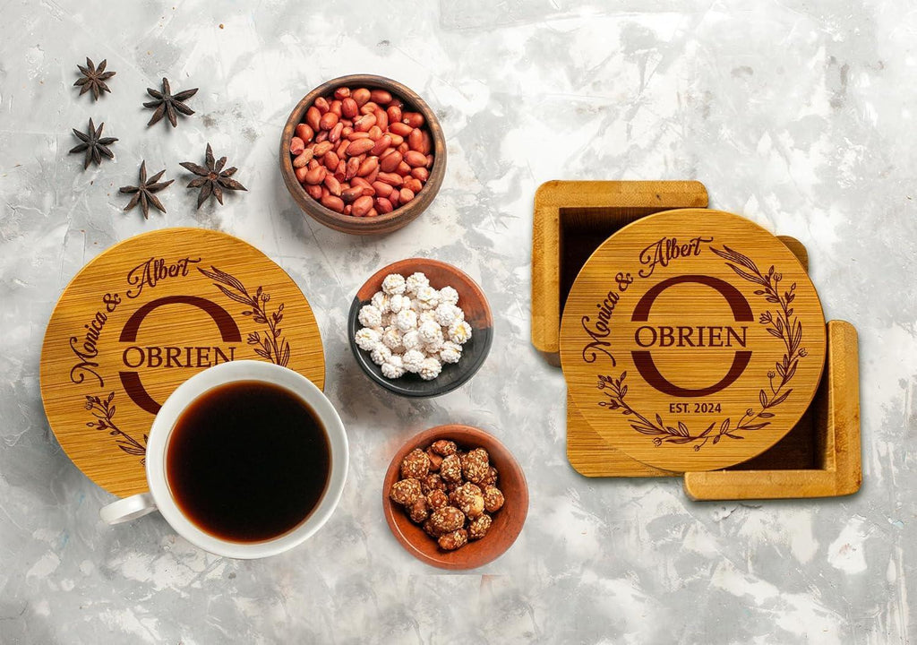 Silveroy Custom Coaster Set of 6 with Holder - Personalized Bamboo Bar Coasters for Anniversary, Wedding, Ideas to Couples, Newlyweds - Handmade Lifestyle Shop