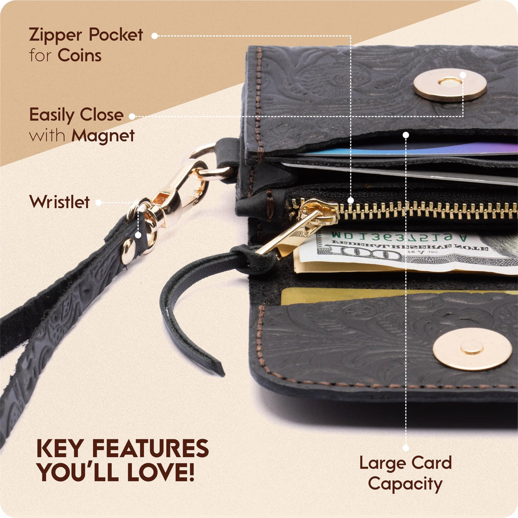 Toros Craft Handmade Wristlet Wallets for Women, Western Floral Leather Small Credit Card Holder with Zipper, Minimalist & Cute Coin Pouch, Genuine Leather, Dark Brown