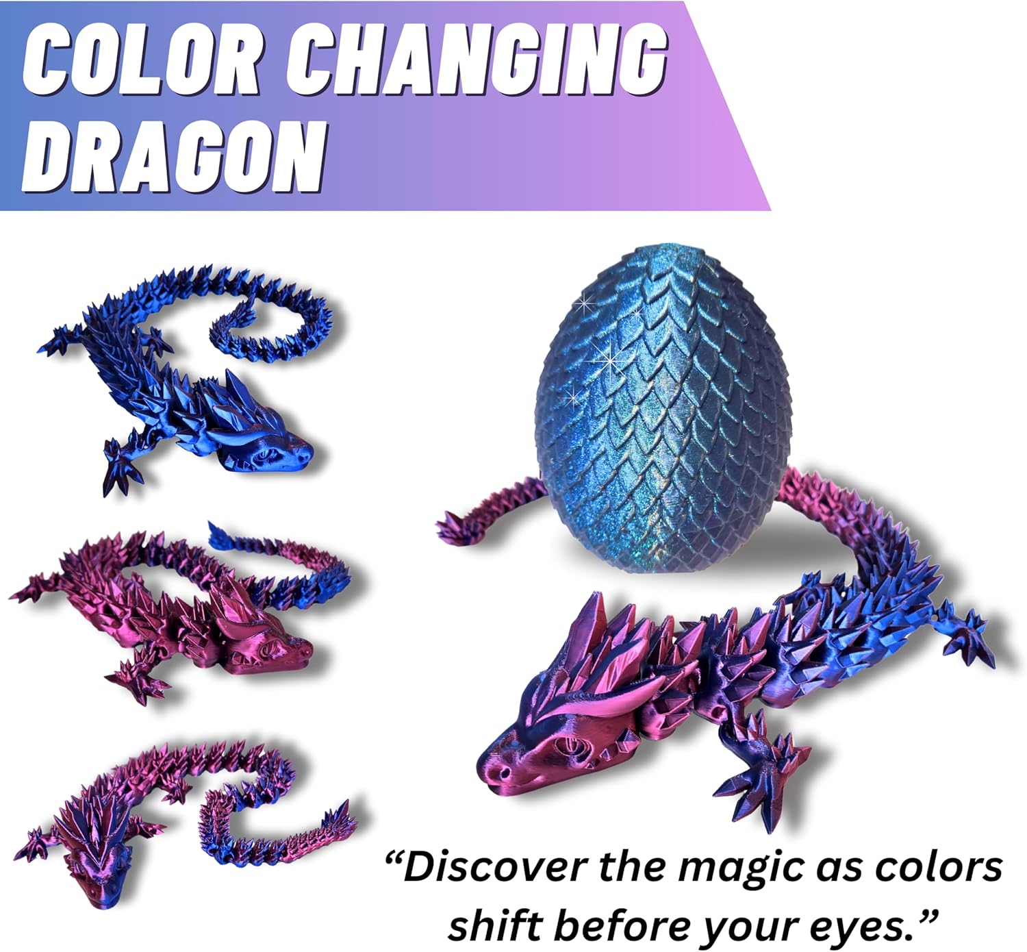 20" Articulated 3D Printed Dragon – Color-Changing Fidget Figurine, Mythical Figure, Made in USA, 3D Printed Toys - Valentines Day Gift for Boys and Girls (Rainbow with Blue Egg)