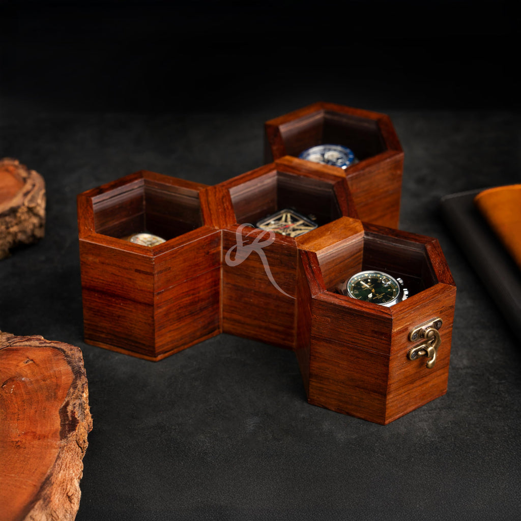 Premium 7-Slot Wooden Timepiece Display Case – Handcrafted Honeycomb Watch Box for Men in Superior Indian Rosewood | Hinged Glass Cover – Father’s Day Gift – Luxury Built to Last
