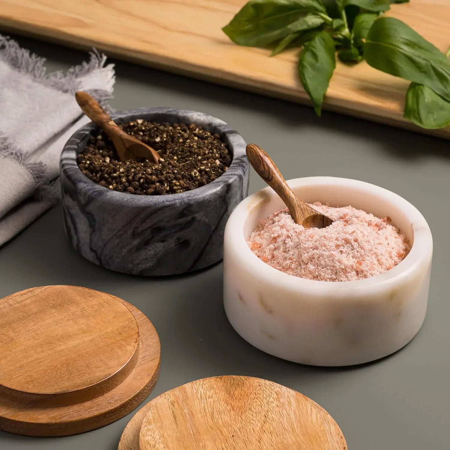 Cork & Mill Marble Salt and Pepper Bowls - Set of 2 Handcrafted White/Grey Solid Marble Salt and Pepper Cellars with Lids and Spoons - Elegant Containers for Countertop or Table - Handmade Lifestyle Shop