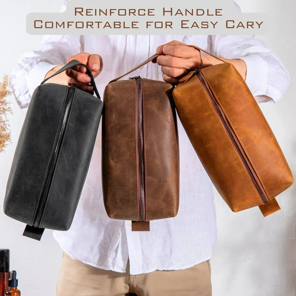 Personalized Leather Toiletry Bag for Men – Custom Shaving Dopp Kit with Name or Initial, Travel Gift for Groomsmen, Husband, Dad, Boyfriend, Birthday, Anniversary, Valentines Day Gifts for Men, Him - Handmade Lifestyle Shop