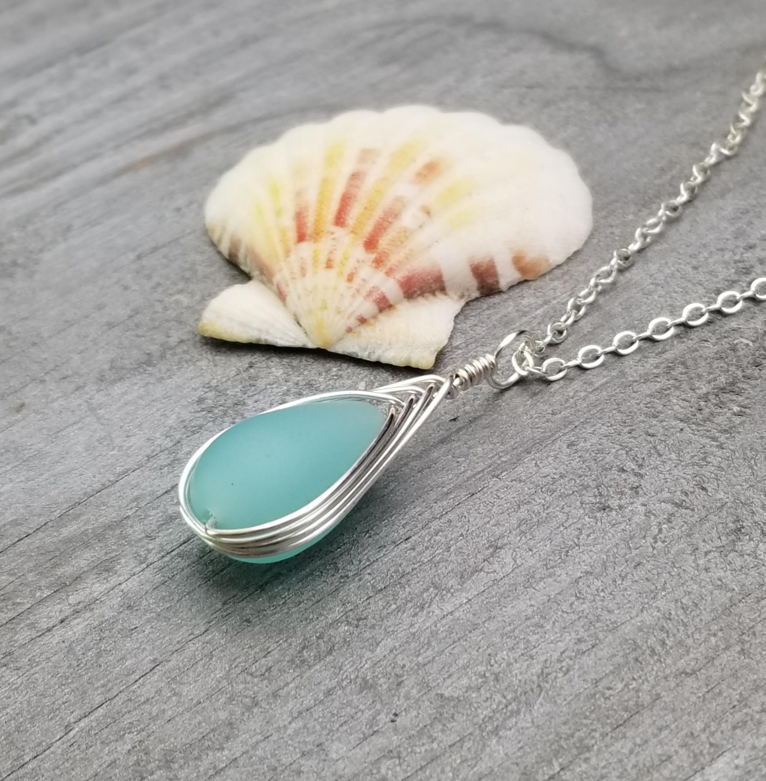 Yinahawaii Handmade Sea Glass Necklace, Hawaiian Jewelry For Women, Braided Teardrop Necklace, Unique Sea Glass Jewelry For Women Birthday Gift