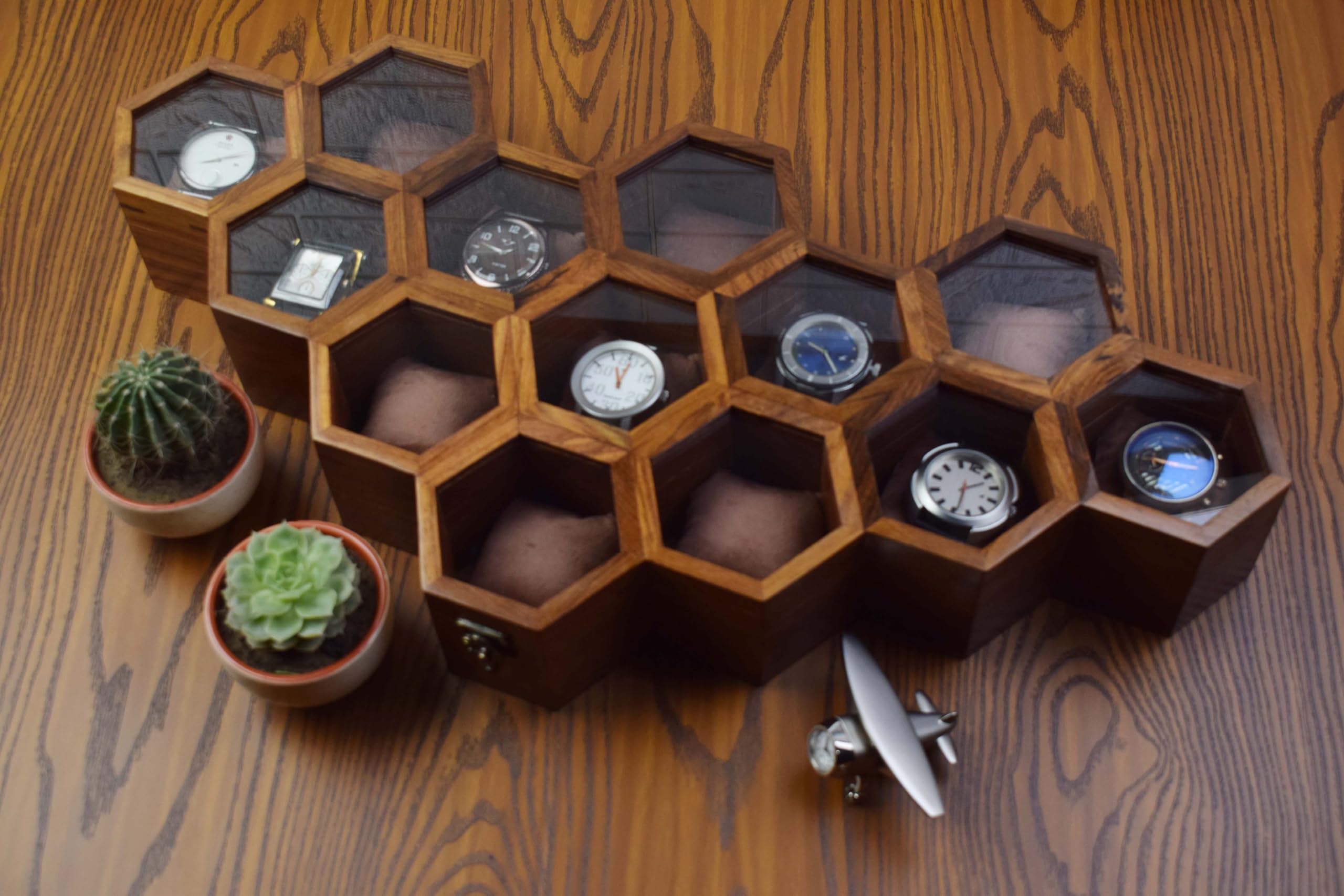 Premium 7-Slot Wooden Timepiece Display Case – Handcrafted Honeycomb Watch Box for Men in Superior Indian Rosewood | Hinged Glass Cover – Father’s Day Gift – Luxury Built to Last