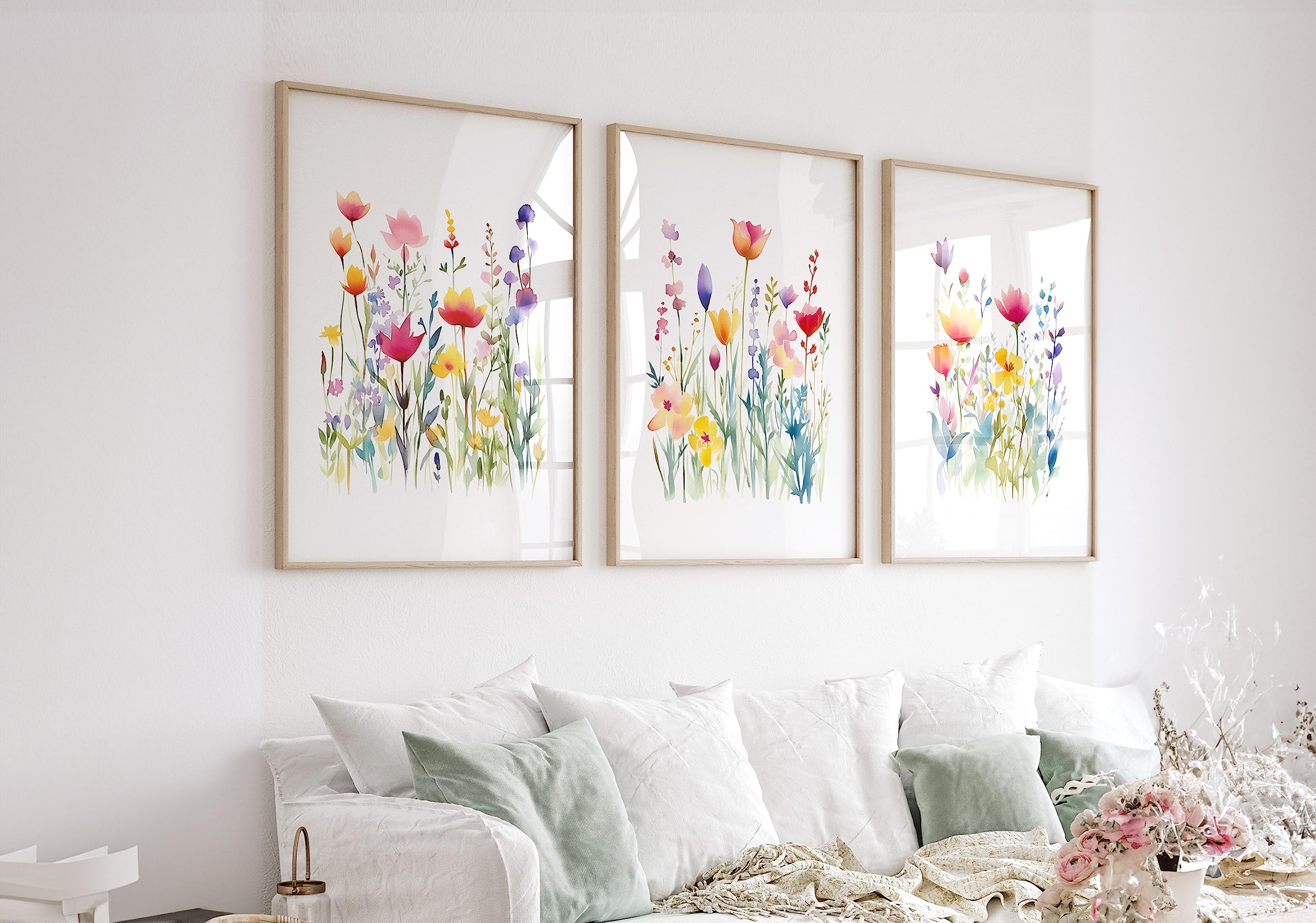 ColorAndFlair Wildflower Watercolor Colorful Spring Meadow Flowers Botanical Wall Art Prints, 3 Piece Set (11x14 inches)
