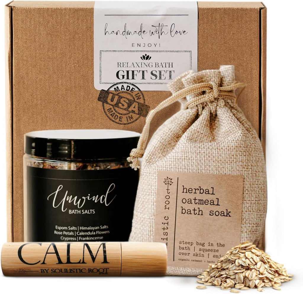 SOULISTIC ROOT Revitalizing Bath Gift - Premium Self-Care Bath & Body Set with Lavender Oatmeal Soak, Tranquil Essential Oil Roller, Epsom Salt Soak, Home Spa Kit, Valentine's Day Ready-to-Gift Box - Handmade Lifestyle Shop