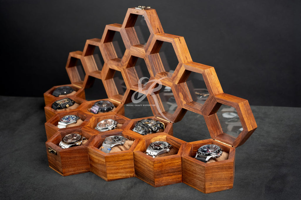 Premium 7-Slot Wooden Timepiece Display Case – Handcrafted Honeycomb Watch Box for Men in Superior Indian Rosewood | Hinged Glass Cover – Father’s Day Gift – Luxury Built to Last