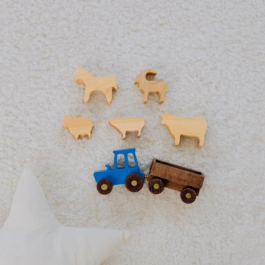 BUSY PUZZLE Wooden Tractor Toy with Trailer and Farm Animals, Natural Solid Wood Push Vehicle for Toddlers, Birthday Gift, Montessori Farm Play Set - Handmade Lifestyle Shop