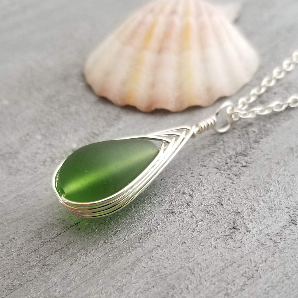 Yinahawaii Handmade Sea Glass Necklace, Hawaiian Jewelry For Women, Braided Teardrop Necklace, Unique Sea Glass Jewelry For Women Birthday Gift