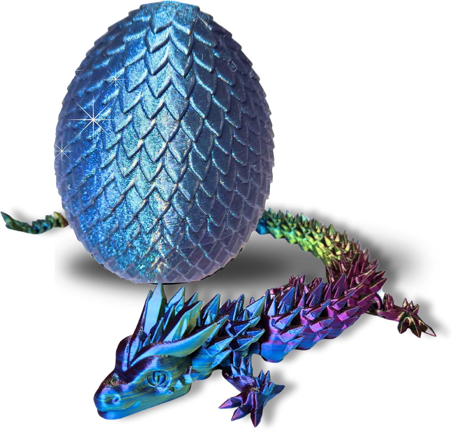 20" Articulated 3D Printed Dragon – Color-Changing Fidget Figurine, Mythical Figure, Made in USA, 3D Printed Toys - Valentines Day Gift for Boys and Girls (Rainbow with Blue Egg) - Handmade Lifestyle Shop