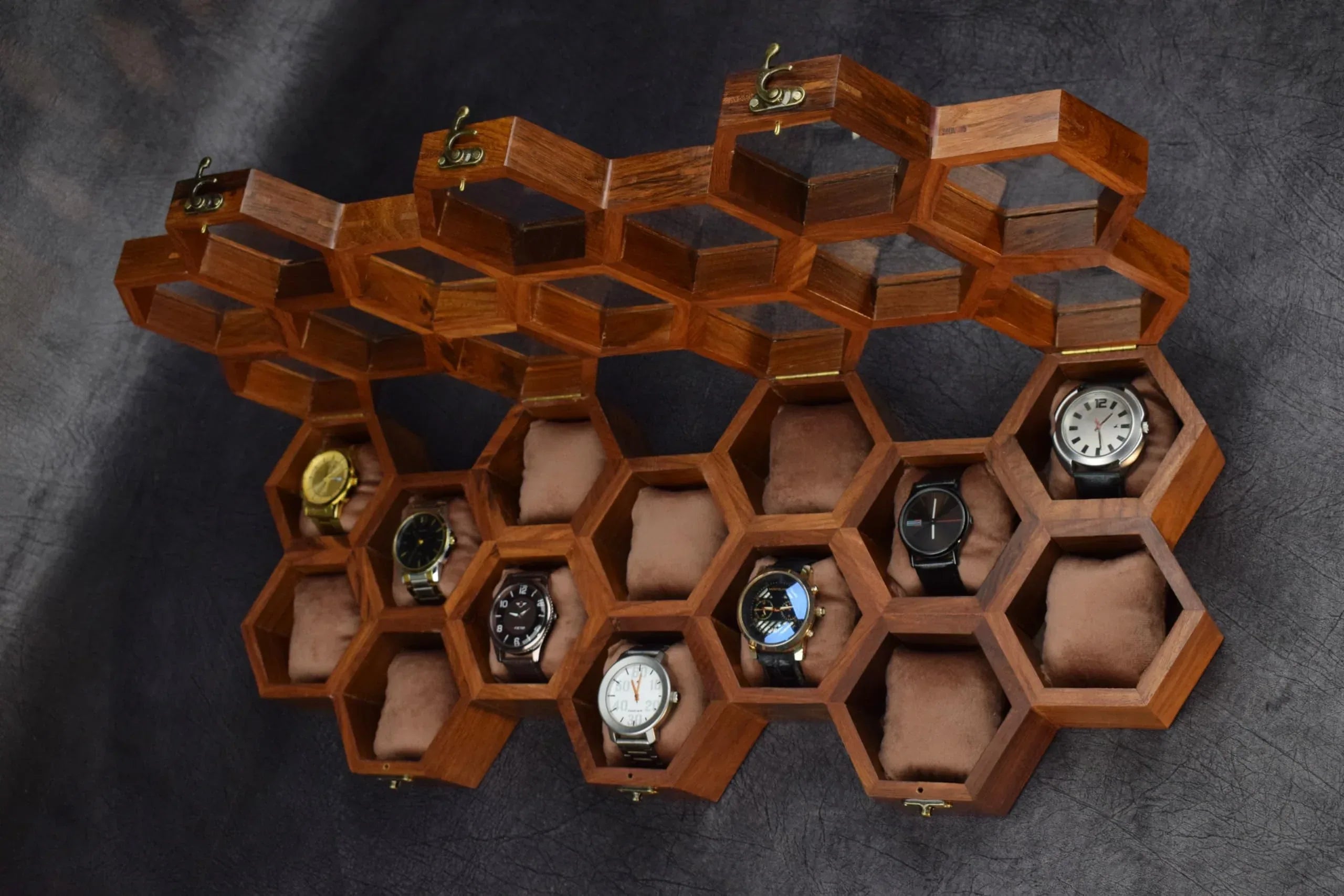 Premium 7-Slot Wooden Timepiece Display Case – Handcrafted Honeycomb Watch Box for Men in Superior Indian Rosewood | Hinged Glass Cover – Father’s Day Gift – Luxury Built to Last - Handmade Lifestyle Shop