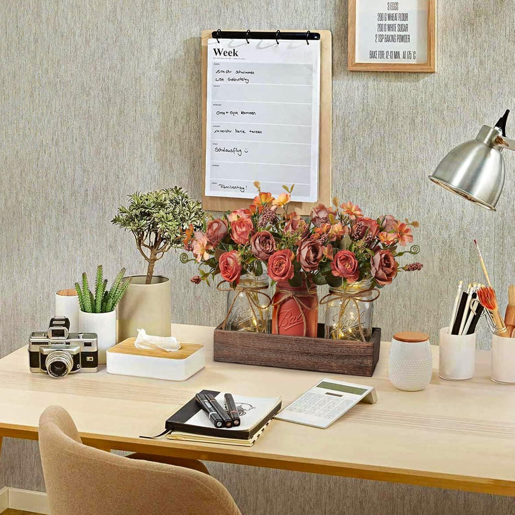 3 Pcs Mason Jar Centerpiece Table Decorations for Dining Table Decor Farmhouse Coffee Table Decor with Wood Tray and Led Light Table Centerpieces for Dining room Kitchen Living Bathroom,Orange - Handmade Lifestyle Shop