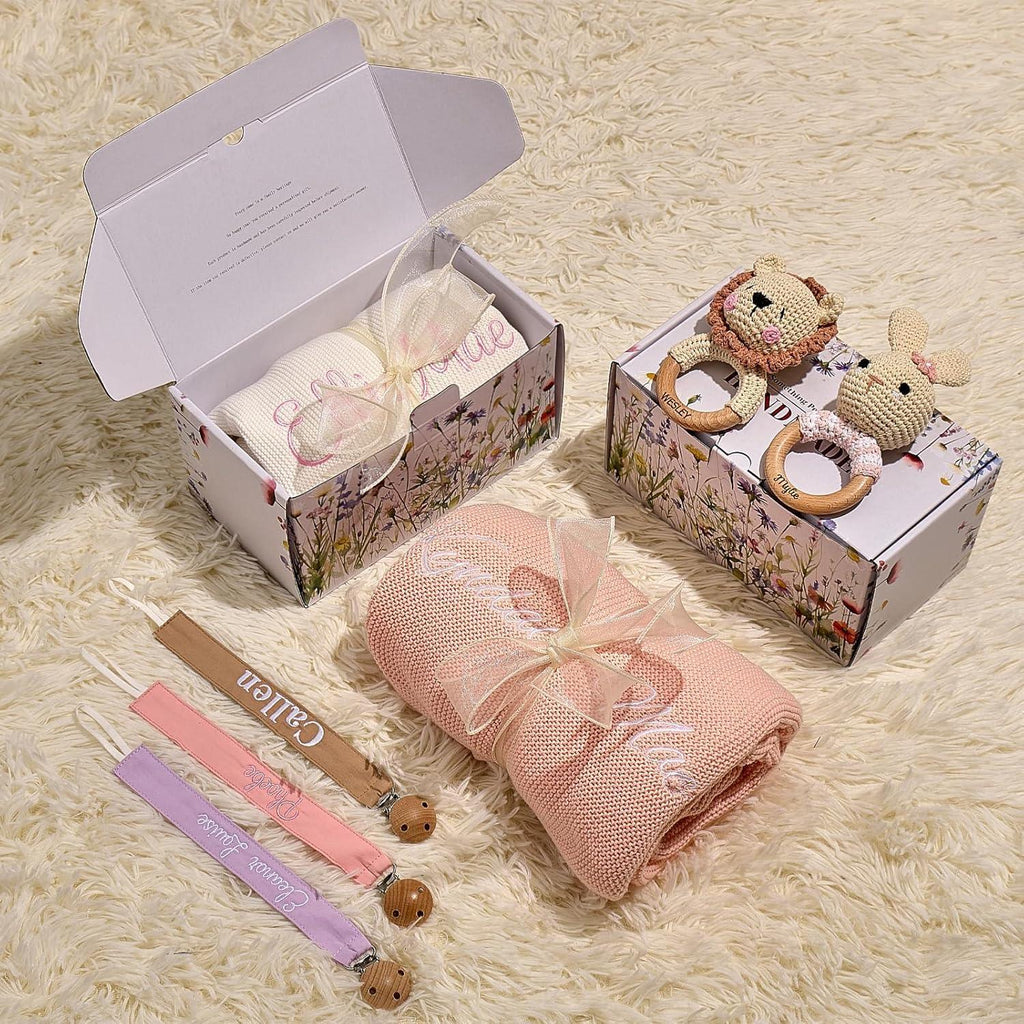 Free Personalized Custom Knit Baby Blanket w/Embroidered Name, 40 * 30 inch, Handmade Cotton Nursery Blankets, Customized Receiving Newborn for Boy Girls Kids, Birthday Christmas - Handmade Lifestyle Shop