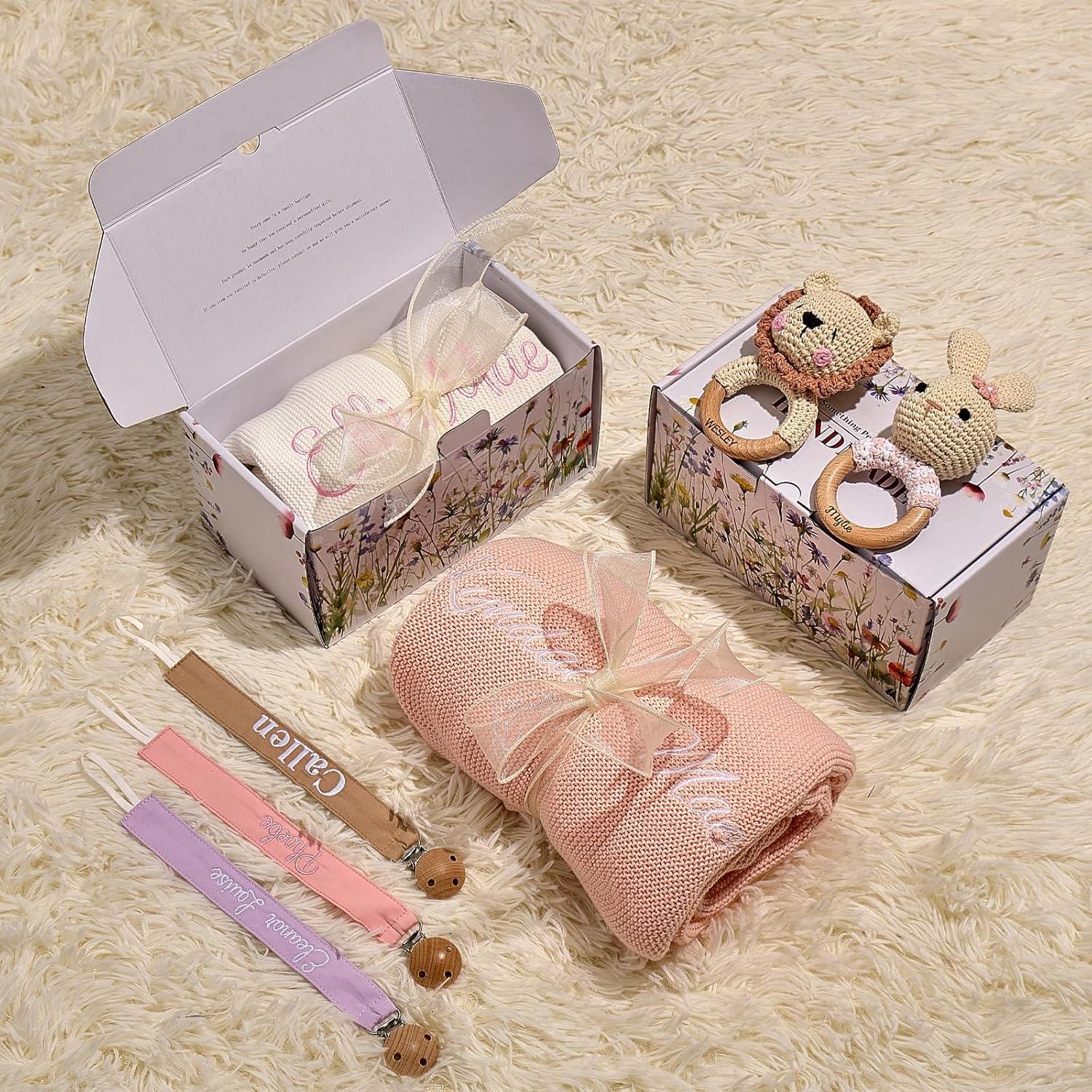 Free Personalized Custom Knit Baby Blanket w/Embroidered Name, 40 * 30 inch, Handmade Cotton Nursery Blankets, Customized Receiving Newborn for Boy Girls Kids, Birthday Christmas - Handmade Lifestyle Shop