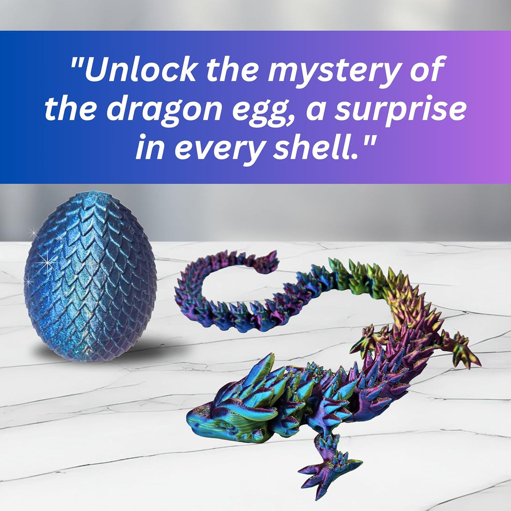 20" Articulated 3D Printed Dragon – Color-Changing Fidget Figurine, Mythical Figure, Made in USA, 3D Printed Toys - Valentines Day Gift for Boys and Girls (Rainbow with Blue Egg)