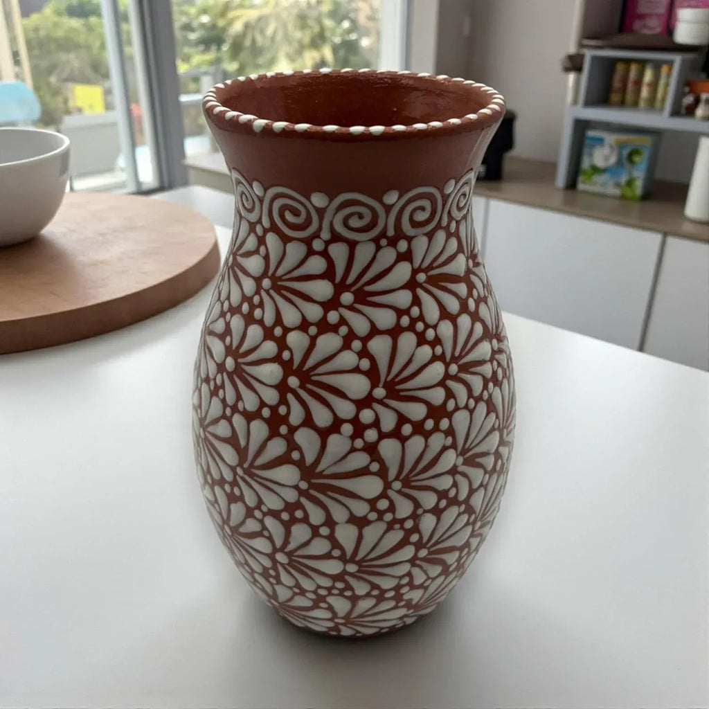 Brown & White Talavera Vase | Handcrafted Relief Pottery - Handmade Lifestyle Shop
