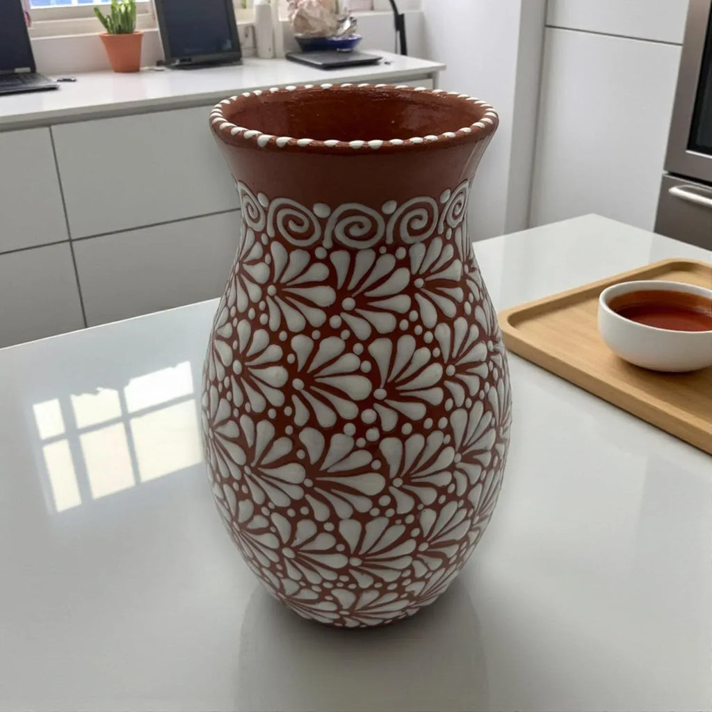 Brown & White Talavera Vase | Handcrafted Relief Pottery - Handmade Lifestyle Shop