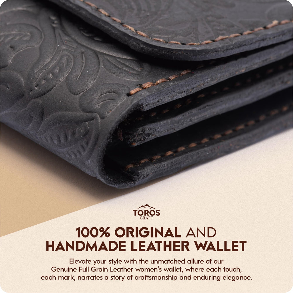 Toros Craft Handmade Wristlet Wallets for Women, Western Floral Leather Small Credit Card Holder with Zipper, Minimalist & Cute Coin Pouch, Genuine Leather, Dark Brown