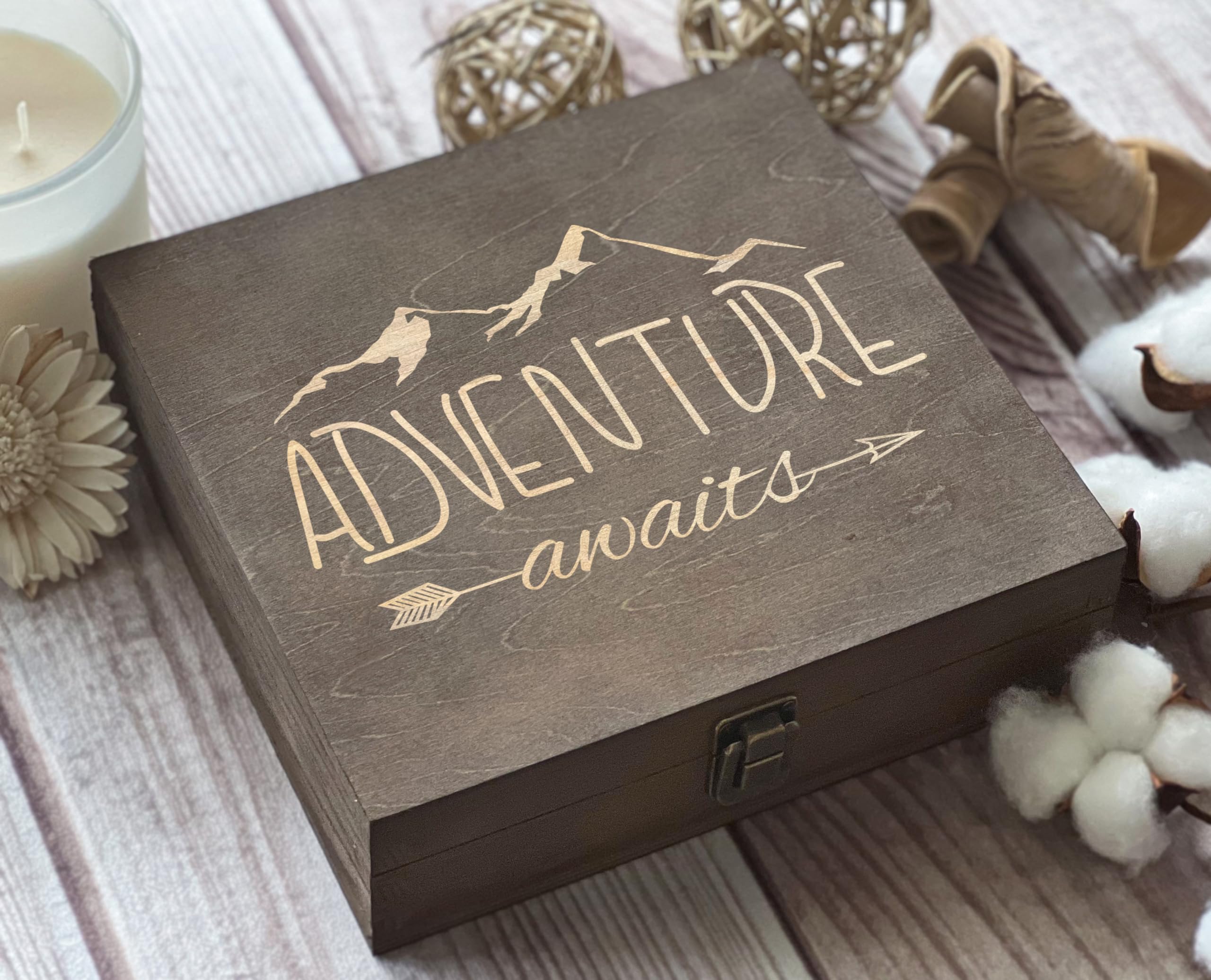 Dark Walnut Wooden Keepsake Box Our Adventures - 8.5x6x3in, Ideal for 5th Anniversary, Elegant Memory Box for Couples, Travel-Themed Storage