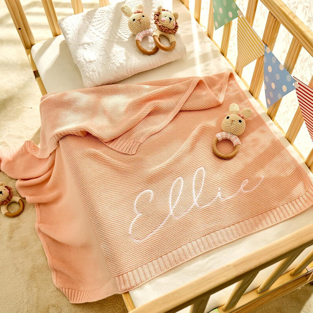 Free Personalized Custom Knit Baby Blanket w/Embroidered Name, 40 * 30 inch, Handmade Cotton Nursery Blankets, Customized Receiving Newborn for Boy Girls Kids, Birthday Christmas - Handmade Lifestyle Shop