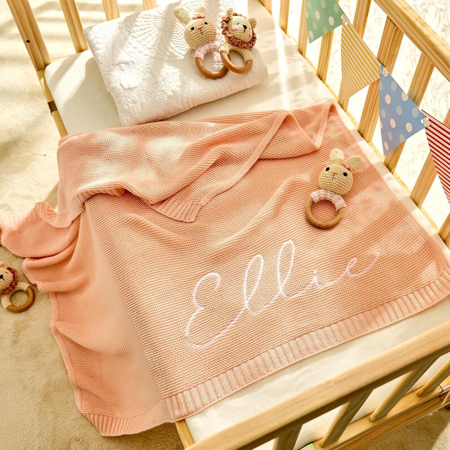 Free Personalized Custom Knit Baby Blanket w/Embroidered Name, 40 * 30 inch, Handmade Cotton Nursery Blankets, Customized Receiving Newborn for Boy Girls Kids, Birthday Christmas - Handmade Lifestyle Shop