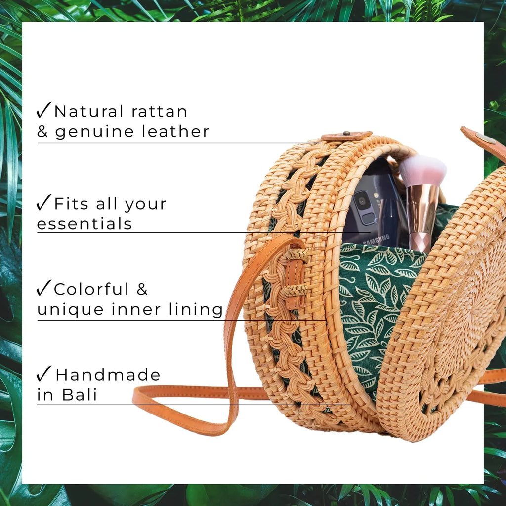 Novum Crafts Round Rattan Bag for Women - Handmade Straw Bags - Wicker Purse - Brown White Circle Crossbody Boho Bags - Handmade Lifestyle Shop