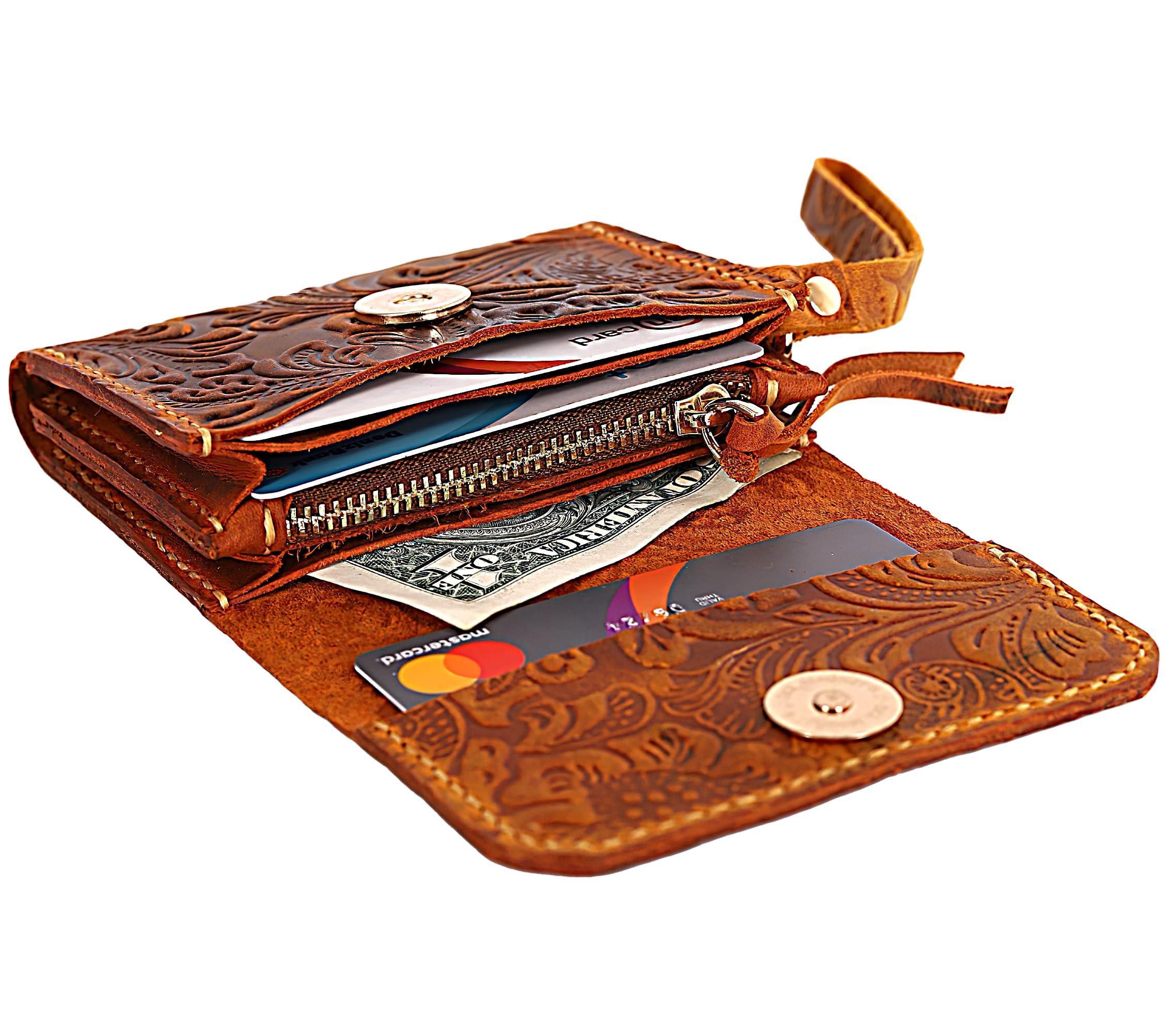 Toros Craft Handmade Wristlet Wallets for Women, Western Floral Leather Small Credit Card Holder with Zipper, Minimalist & Cute Coin Pouch, Genuine Leather, Dark Brown - Handmade Lifestyle Shop