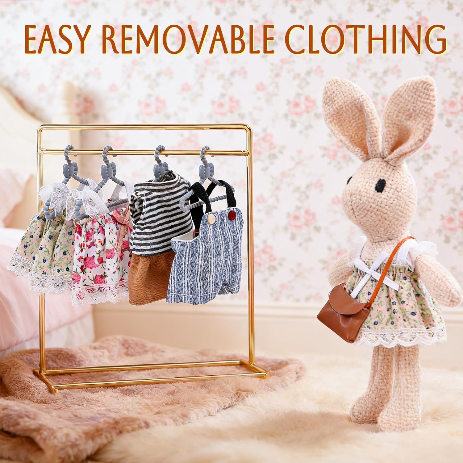 Handmade Rabbit Family Dolls Set of 4 with Removable Outfits & Bag, Realistic Dollhouse People Figures for Imaginative Play, Kids Room Decoration, Easter Bunny