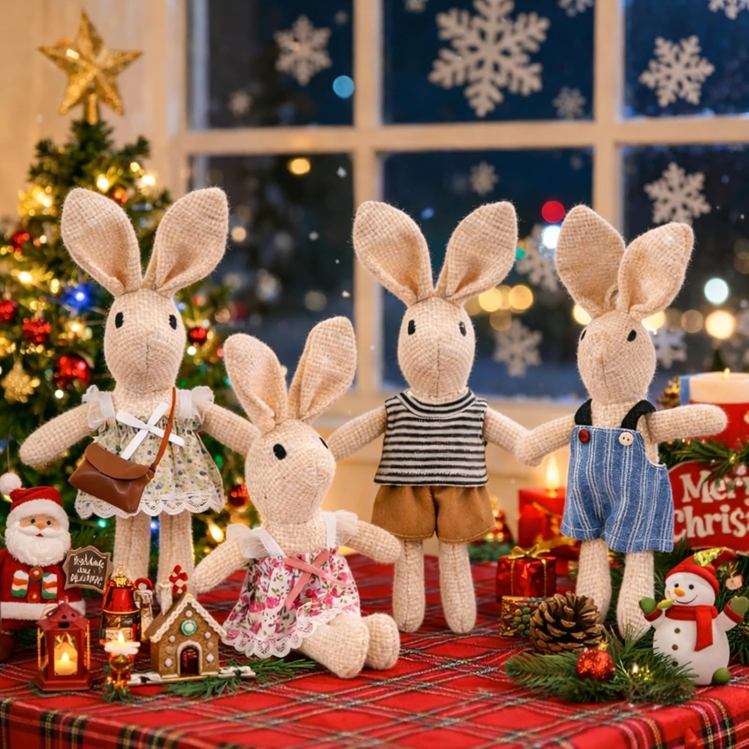 Handmade Rabbit Family Dolls Set of 4 with Removable Outfits & Bag, Realistic Dollhouse People Figures for Imaginative Play, Kids Room Decoration, Easter Bunny