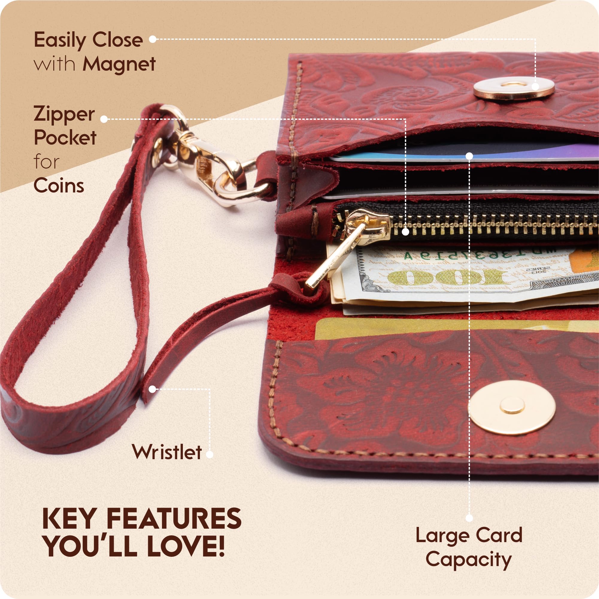 Toros Craft Handmade Wristlet Wallets for Women, Western Floral Leather Small Credit Card Holder with Zipper, Minimalist & Cute Coin Pouch, Genuine Leather, Dark Brown