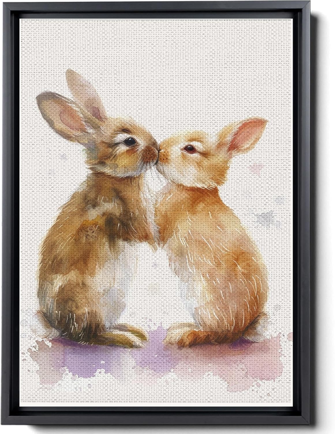 Watercolor Bunnies Kissing Rabbits Vintage Art Cute Easter Bunny, In The Style Of Dark White And Light Purple,Depictions Of Animals, Realistic Watercolor, Decor Canvas