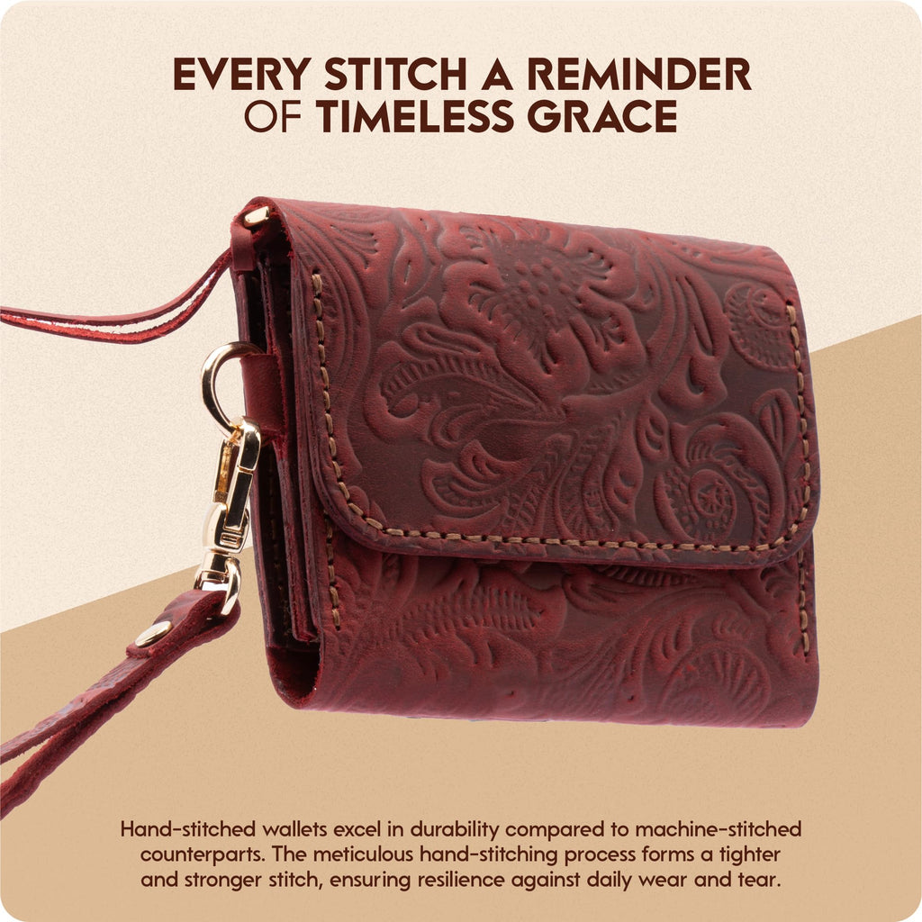 Toros Craft Handmade Wristlet Wallets for Women, Western Floral Leather Small Credit Card Holder with Zipper, Minimalist & Cute Coin Pouch, Genuine Leather, Dark Brown