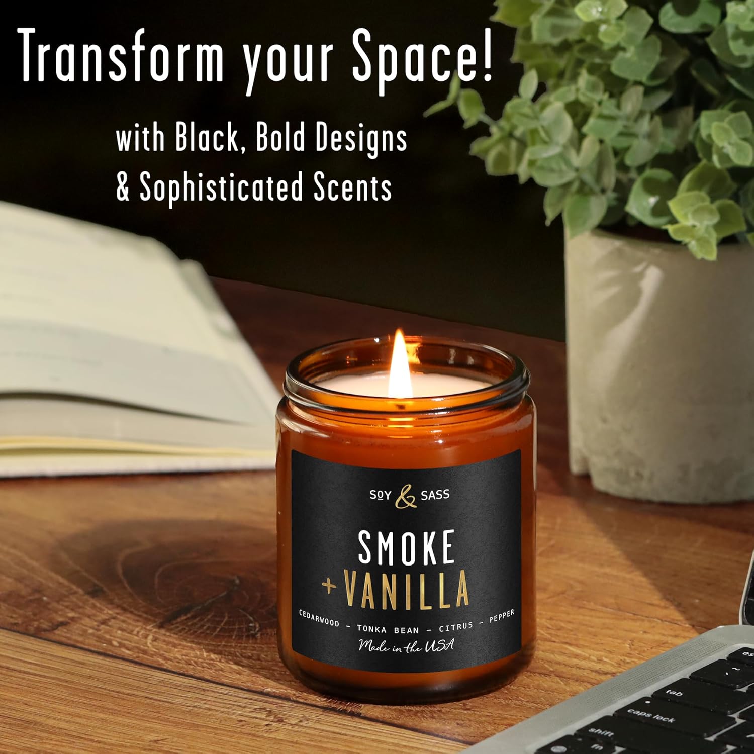 Smoked Vanilla Whiskey Candle - Scented Black Candles for Men or Women - Bourbon, Tobacco & Caramel Soy Wax Mens Candle - Infused w/Essential Oils | Long 50Hr Burn,9oz I Non Toxic I Made in USA