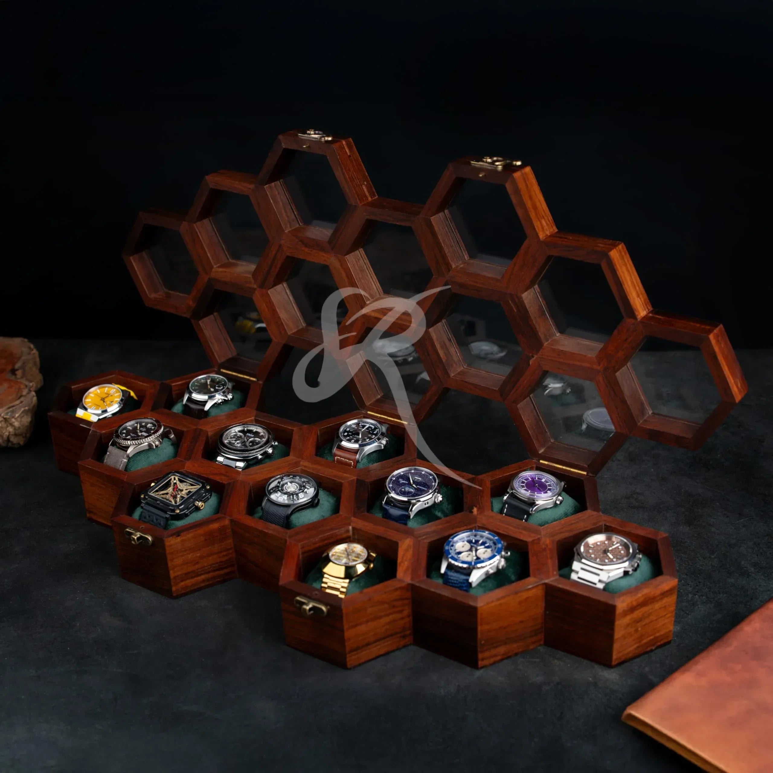 Premium 7-Slot Wooden Timepiece Display Case – Handcrafted Honeycomb Watch Box for Men in Superior Indian Rosewood | Hinged Glass Cover – Father’s Day Gift – Luxury Built to Last - Handmade Lifestyle Shop