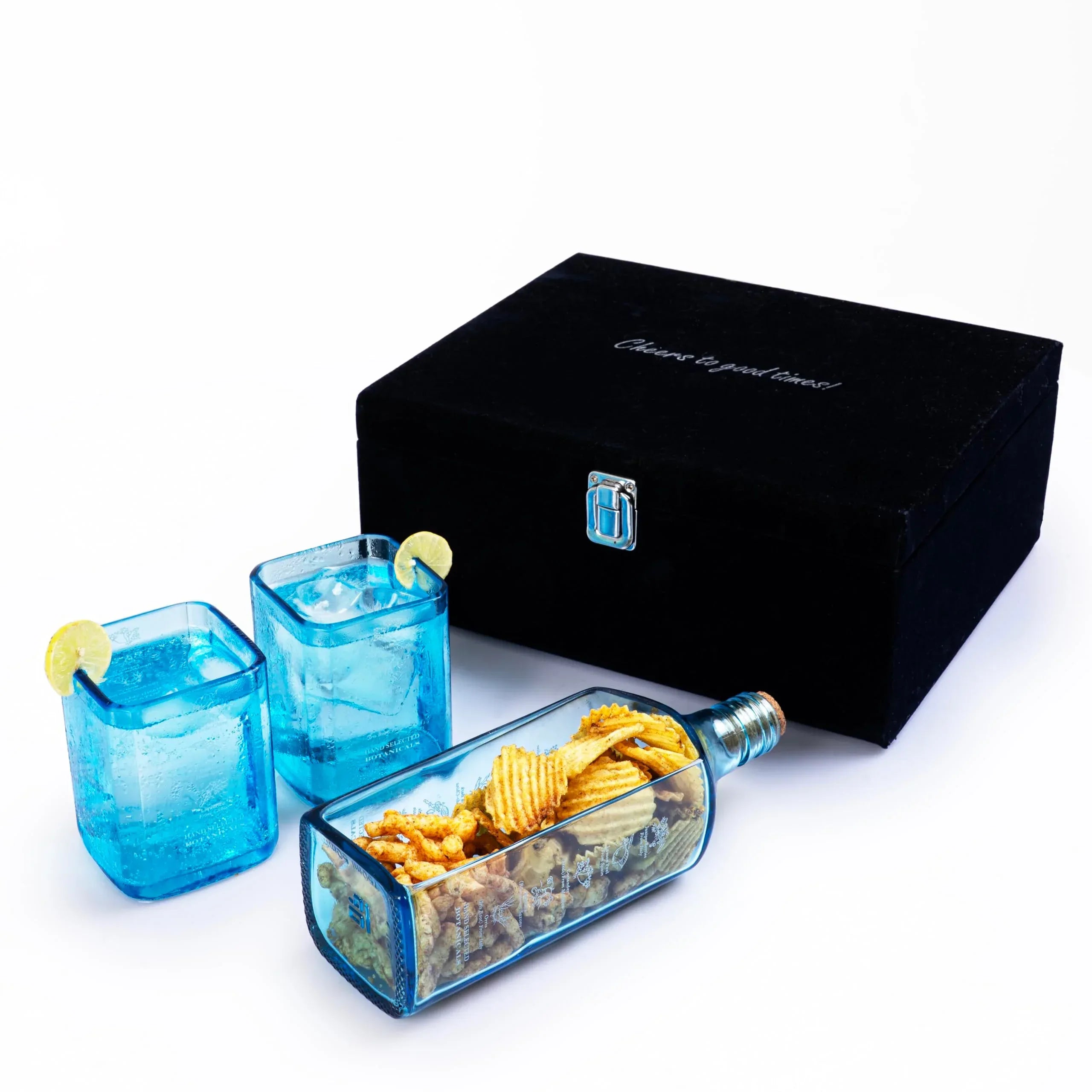 Upcycled Bombay Sapphire Gin Glasses for Drinks - Set of 2 with Velvet Gift Box | Eco-friendly Glassware handcrafted from Gin bottles | Ideal for Gin, Whiskey, Juices, Smoothies, Cocktails - Handmade Lifestyle Shop