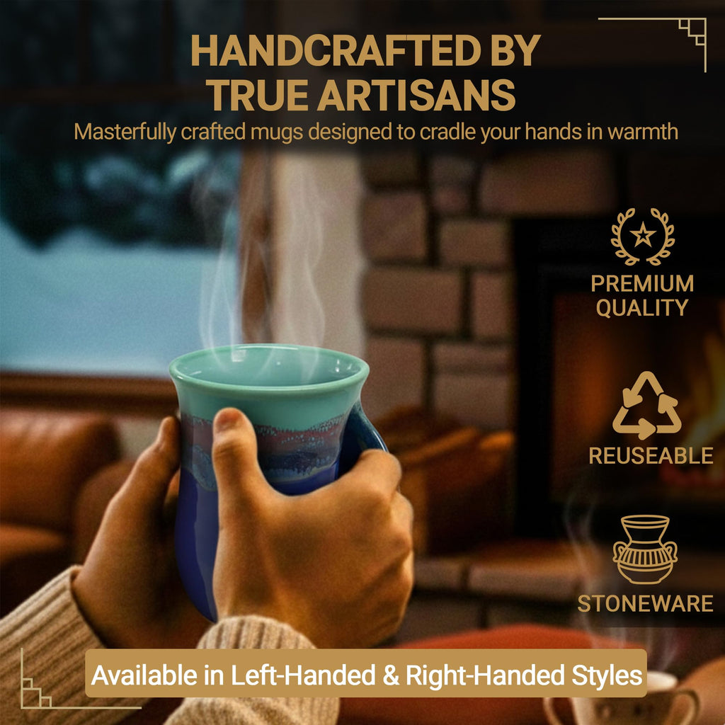 Clay in Motion Hand Warmer Coffee Mug – Handmade Coffee Mug With Comfortable Handle Contoured Pocket Hand Warming Ceramic Coffee Mug – Proudly Made in USA – Right Handed – 14 Oz - Island Oasis