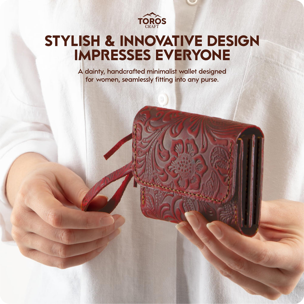 Toros Craft Handmade Wristlet Wallets for Women, Western Floral Leather Small Credit Card Holder with Zipper, Minimalist & Cute Coin Pouch, Genuine Leather, Dark Brown