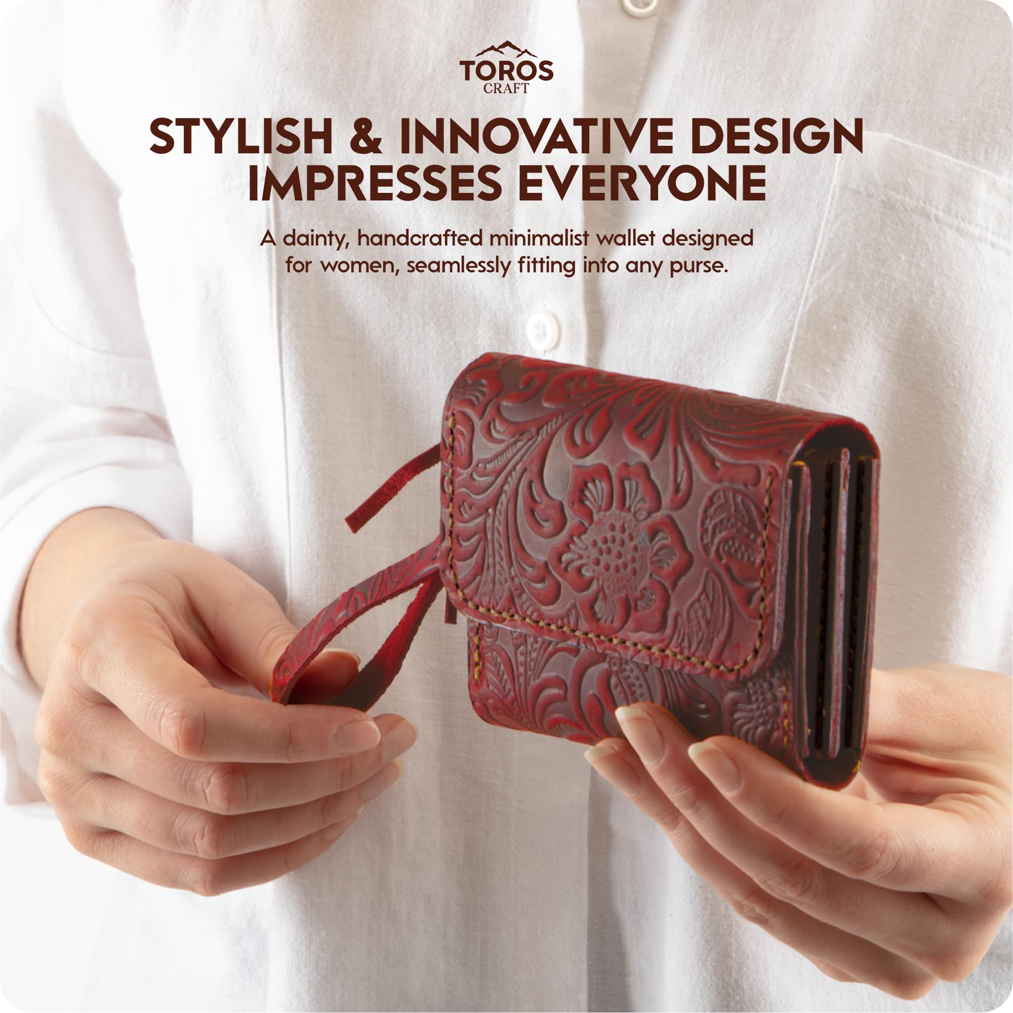 Toros Craft Handmade Wristlet Wallets for Women, Western Floral Leather Small Credit Card Holder with Zipper, Minimalist & Cute Coin Pouch, Genuine Leather, Dark Brown