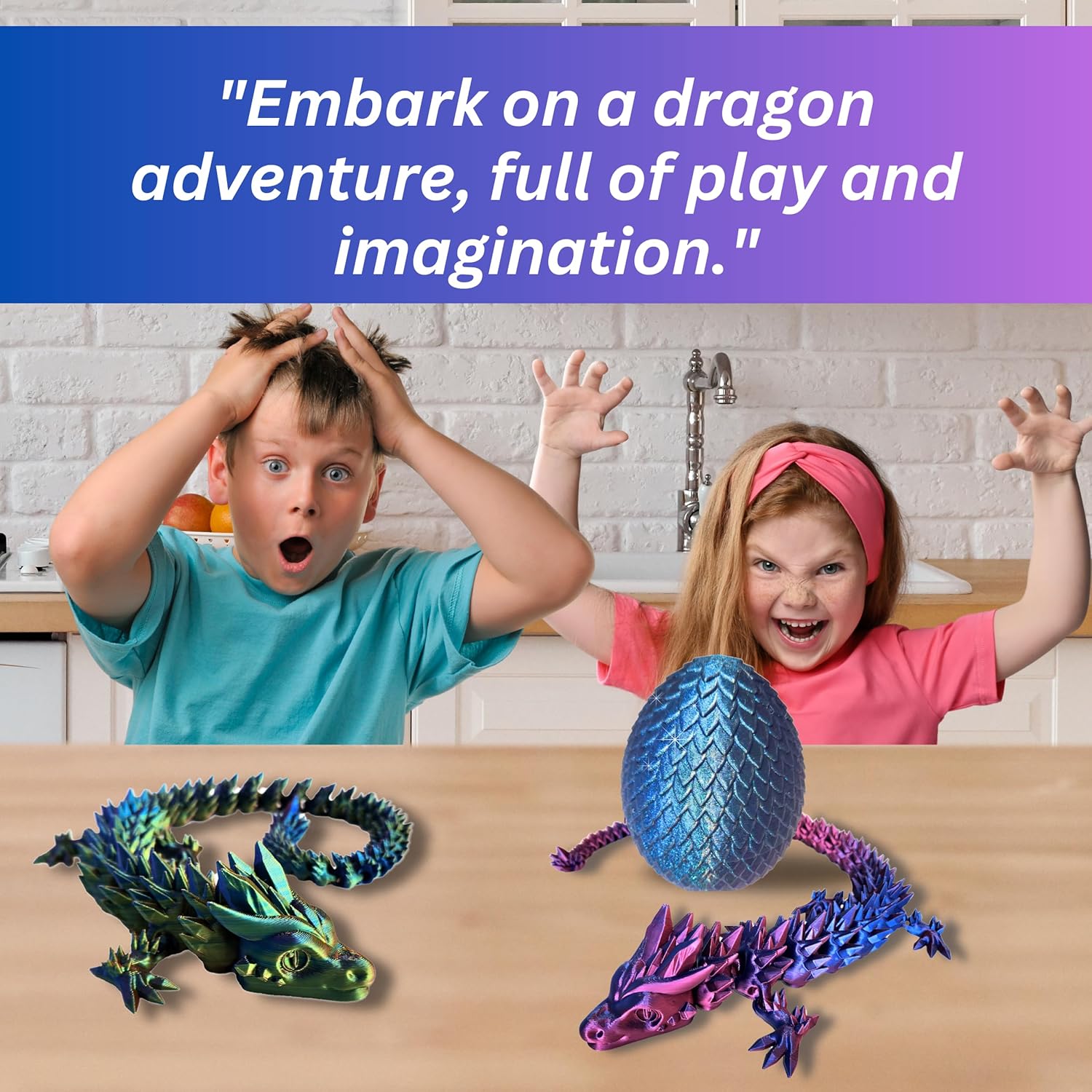 20" Articulated 3D Printed Dragon – Color-Changing Fidget Figurine, Mythical Figure, Made in USA, 3D Printed Toys - Valentines Day Gift for Boys and Girls (Rainbow with Blue Egg)