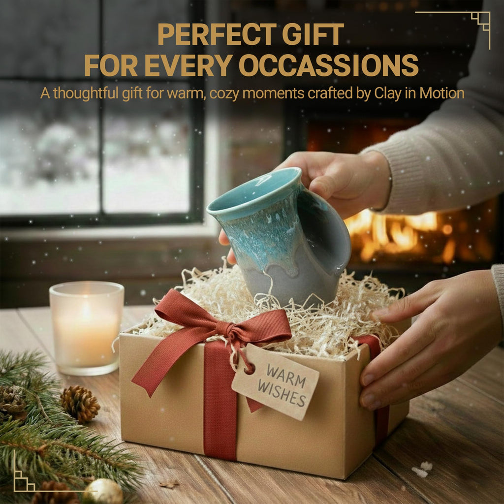 Clay in Motion Hand Warmer Coffee Mug – Handmade Coffee Mug With Comfortable Handle Contoured Pocket Hand Warming Ceramic Coffee Mug – Proudly Made in USA – Right Handed – 14 Oz - Island Oasis