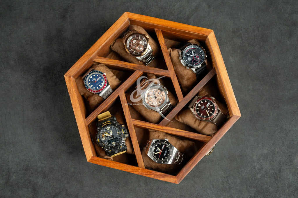 Premium 7-Slot Wooden Timepiece Display Case – Handcrafted Honeycomb Watch Box for Men in Superior Indian Rosewood | Hinged Glass Cover – Father’s Day Gift – Luxury Built to Last - Handmade Lifestyle Shop