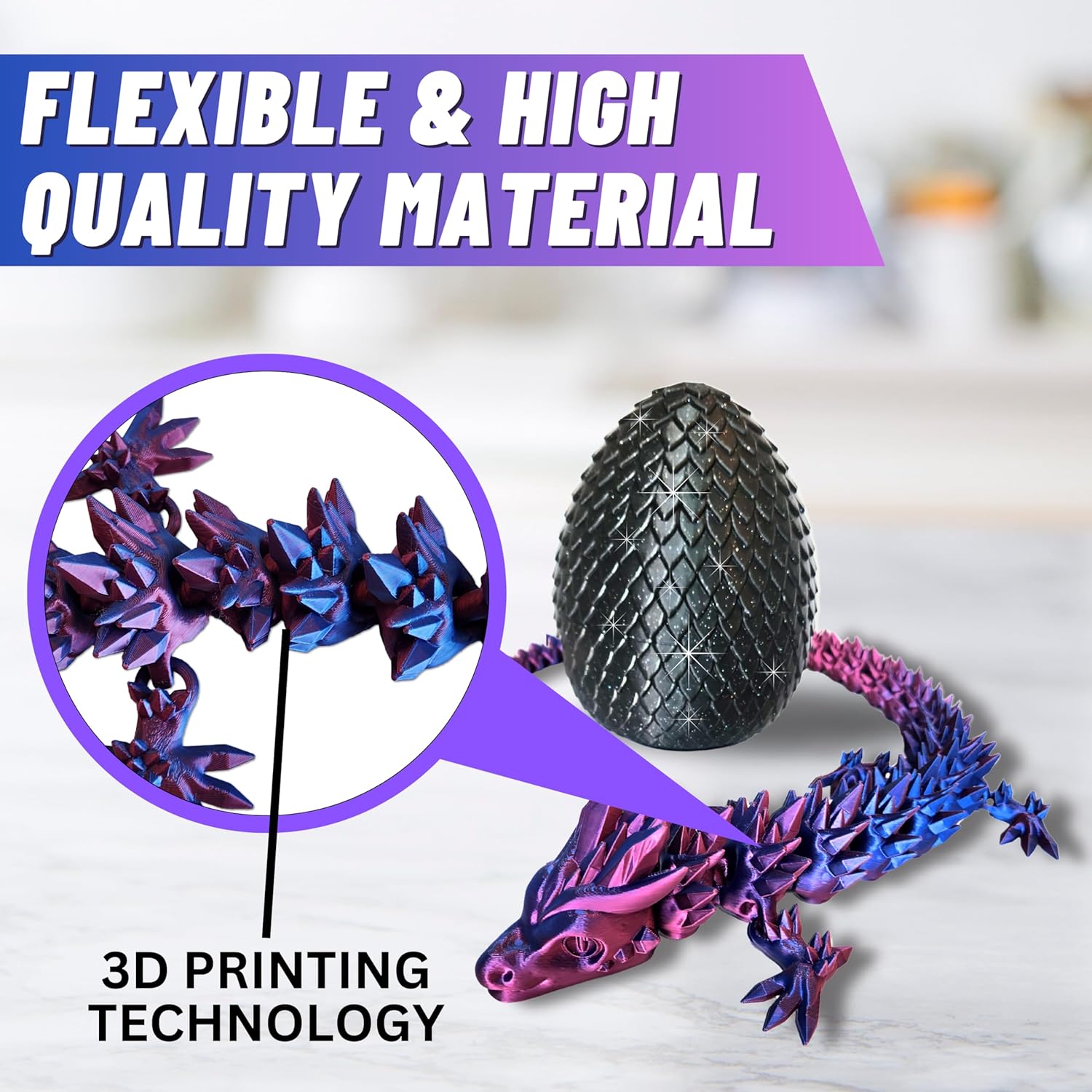20" Articulated 3D Printed Dragon – Color-Changing Fidget Figurine, Mythical Figure, Made in USA, 3D Printed Toys - Valentines Day Gift for Boys and Girls (Rainbow with Blue Egg)